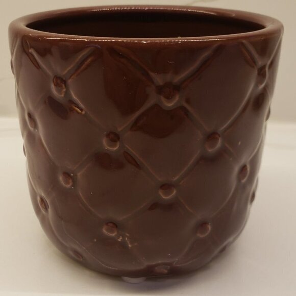 STACKING mug tumbler brown 3.5" x 4"diam embossed quilt pattern glossy - Picture 3 of 7